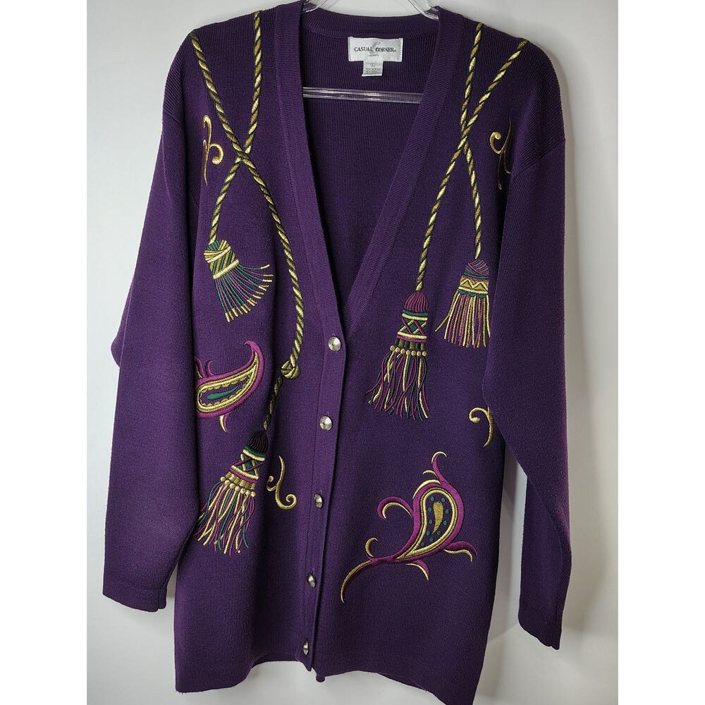 Casual Corner Long Cardigan Sweater Women's Large V-Neck Embroidered Vintage